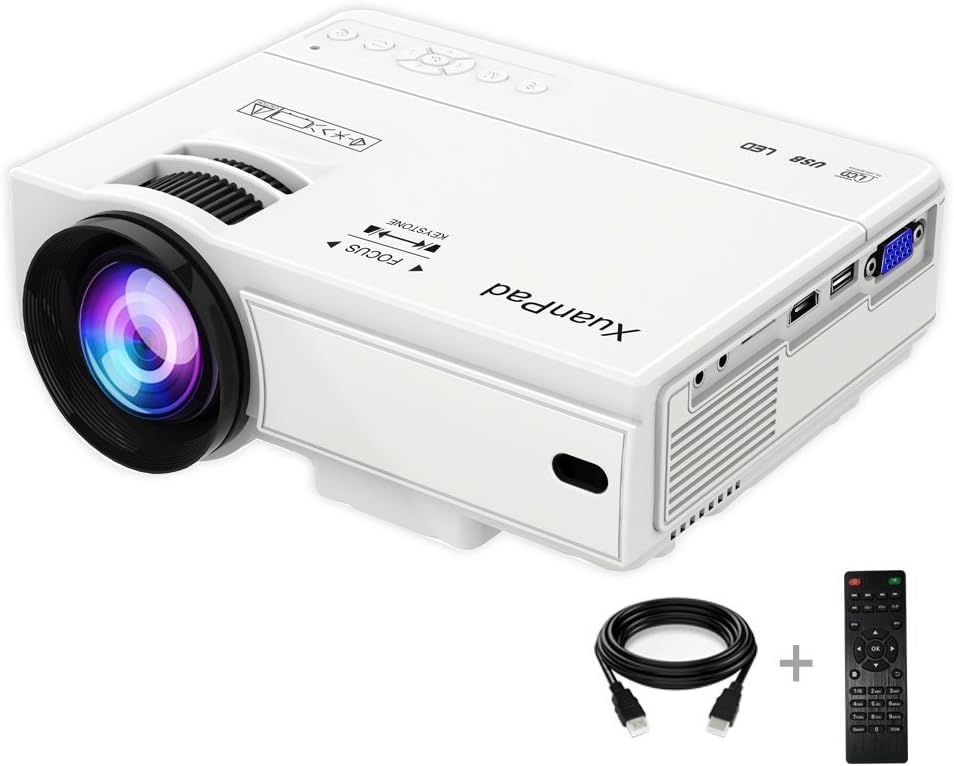 XuanPad Projector 4Inch Portable video-projector,55000 Hours Multimedia Home Theater movie Projector,Compatible with Amazon Fire TV Stick,Full HD 1080P HDMI,VGA,USB,AV,laptop,iphone,Android Smartphone