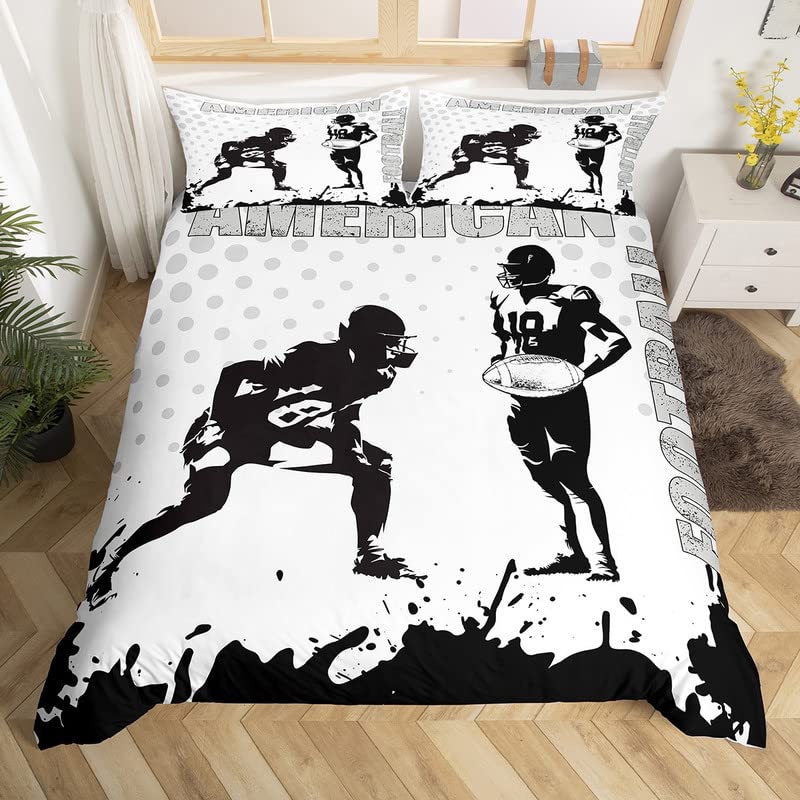 American Football Comforter Cover Double Size,Sport Football Player Duvet Cover with 2 Pillowcases,3 Piece,Black White Art Graffiti Polyester Bedding Set for Boys Teens Bedroom Decor