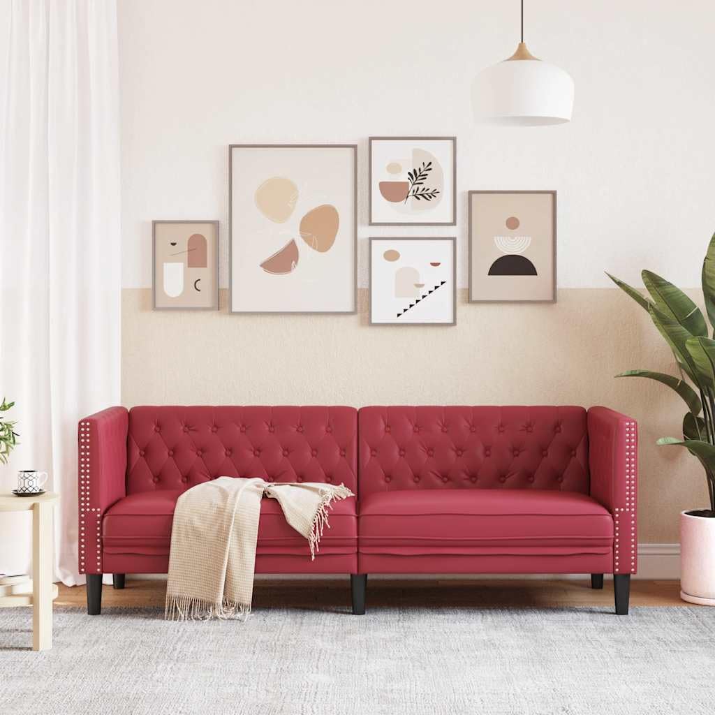 Canape Chesterfield 3 Posti Similpelle Bordeaux | Schienale E Braccioli Tufti, Imbottitura Comoda, Piedi Robusti, Manutenzione Facile