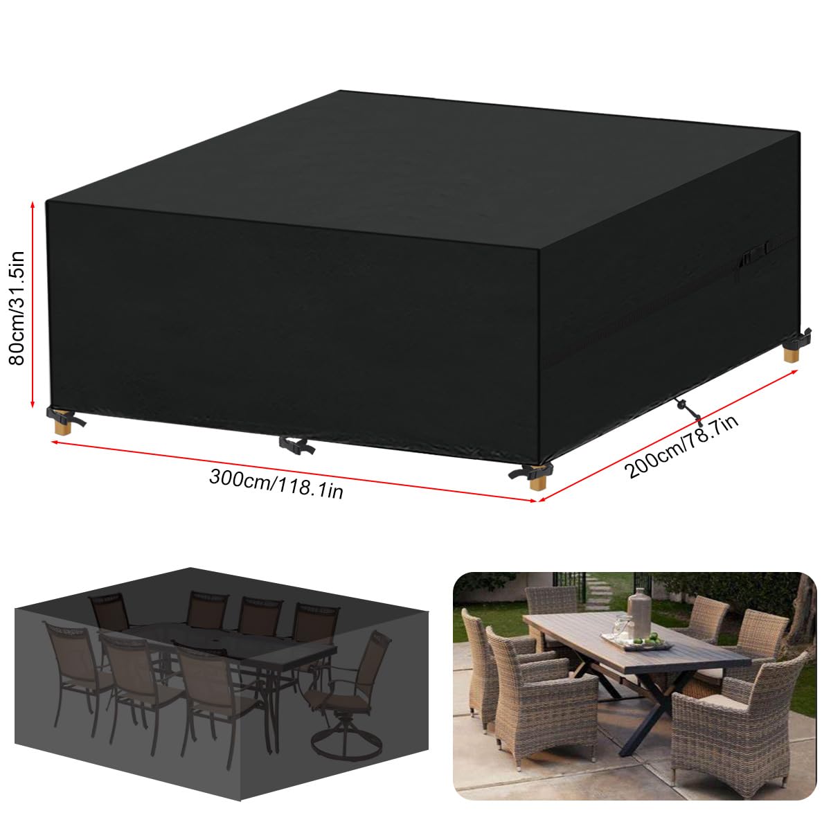 Coperture per Mobili da Giardino 300x200x80cm Copertura Tavolo Esterno Impermeabile Copritavolo da Esterno Coperture per Tavoli da Giardino Anti-UV Telo Copri Tavolo per Esterno
