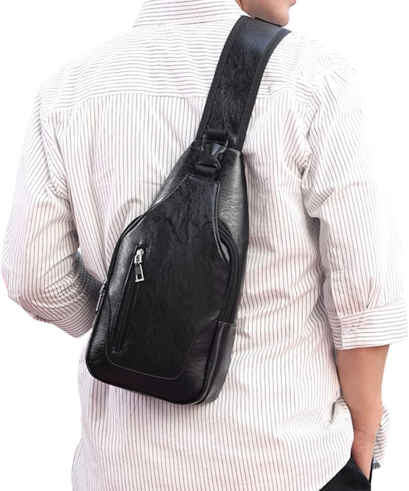 Peicees Leather Sling Bag Mens Crossbody Chest Bag Sling Backpack for Men with USB Charge Port, Vertical Zipper/Light Brown
