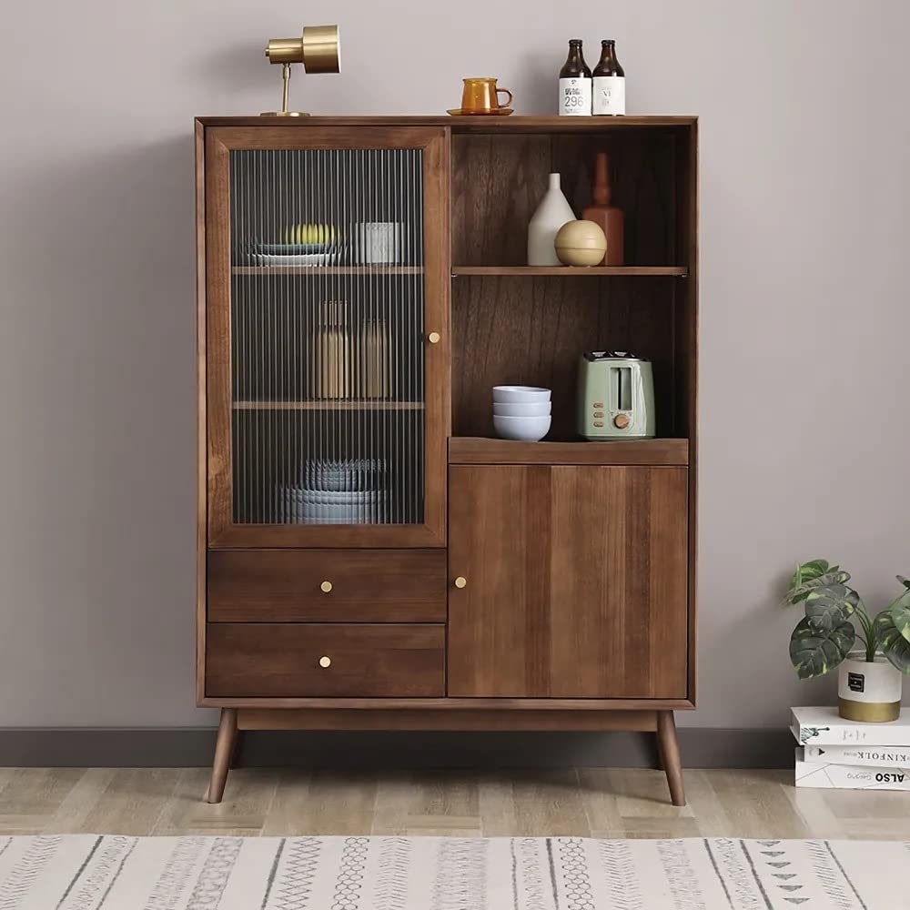 NG Decor, Walnut Sideboard Cabinet Glass Door with Drawers & Adjustable Shelves Pine Wood-image-8