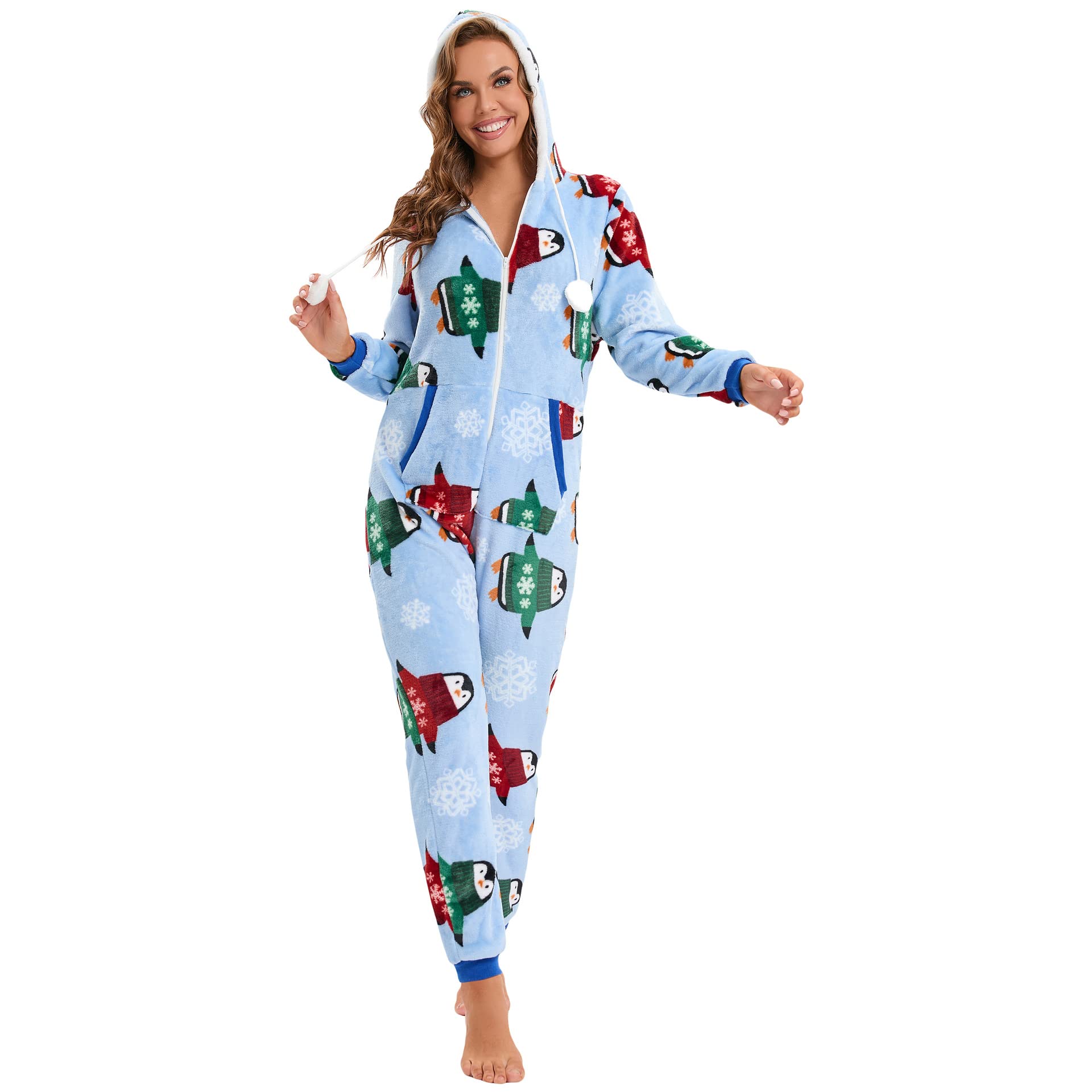 Tuta da donna invernale natalizia, calda, tuta intera per adulti, cosplay, onesie, con cappuccio, morbida, con chiusura lampo
