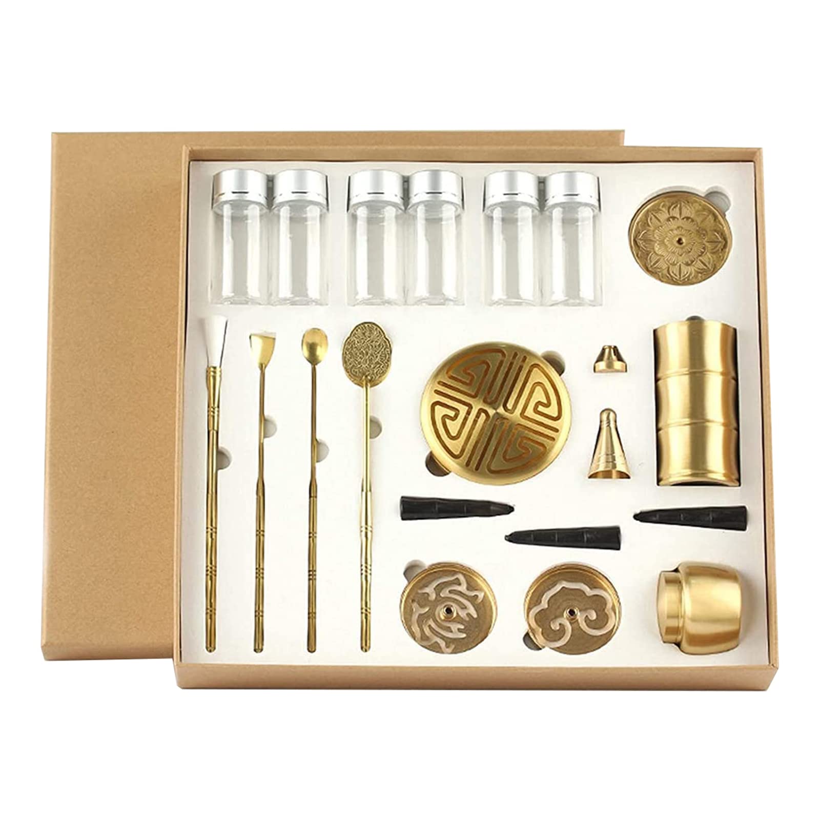 Juego de 20 Herramientas de latón para Incienso - Kit Completo para Hacer a Mano - Molde cónico para Quemador de Incienso con Cuchara, Prensa, Pala y Cepillo para Yoga, meditación