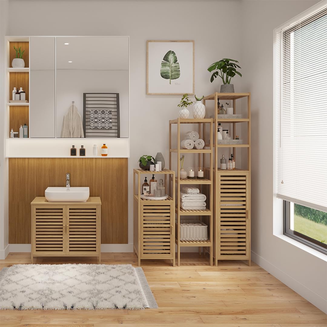 Bellamio Newa Waschbeckenunterschrank Bambus – Badezimmer Unterschrank für Waschbecken mit 2 Türen – Badunterschrank mit 2 Fächern – Waschtischunterschrank Bad 60x65x33 cm