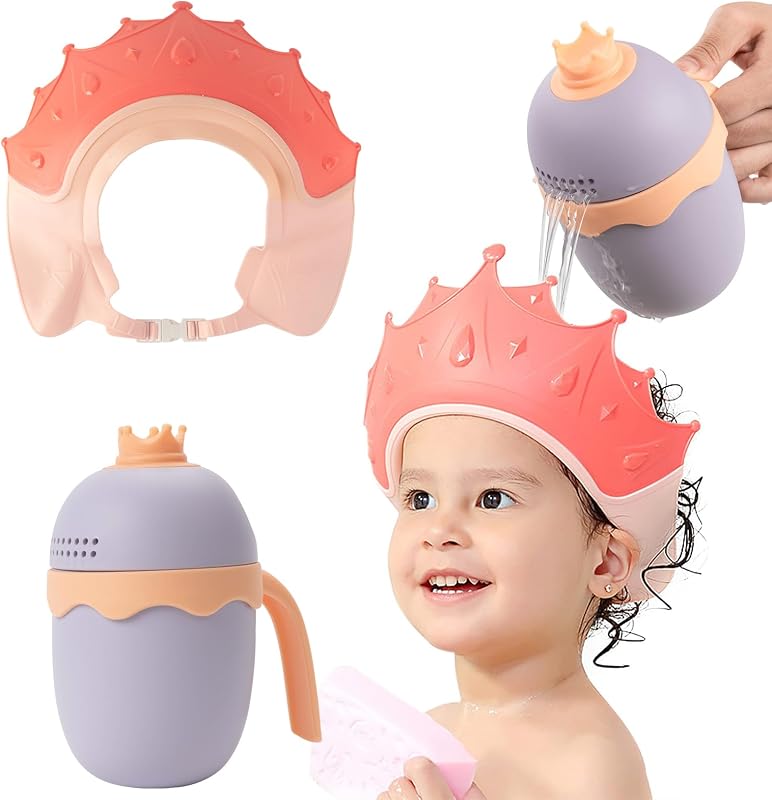 FUNUPUP Baby Shower Cap with Bath Rinse Cup for Toddlers Kids, Crown Pink | Leakproof & Slip-Resistant & Adjustable Bath Visor Shampoo Shield, Keeps Water Out of Eyes and Ears, Fits 15–24" Head Size