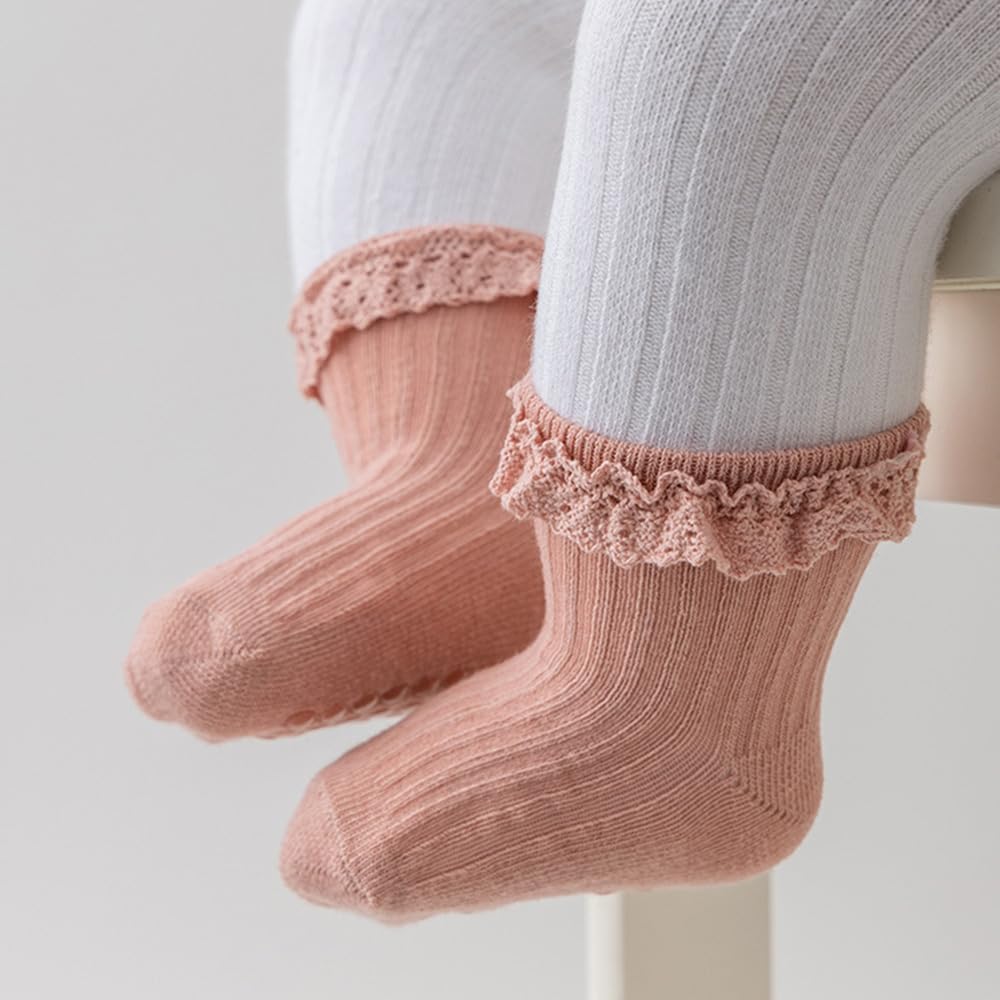 DRESHOW BQUBO Baby Girls Toddler Anti Slip Socks - Cute Frilly Ruffle Grip Ankle Socks for Infant Toddler