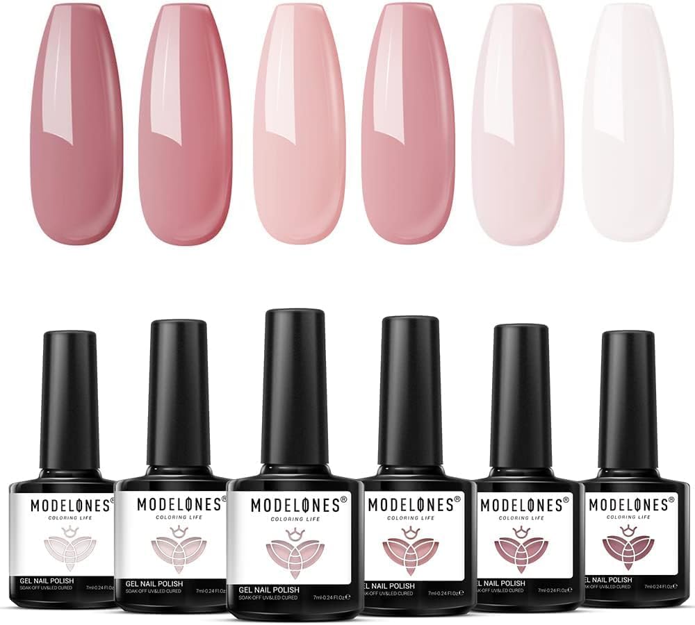 Modelones Gel Nail Polish, 6 Colors All Season Gel Polish Set Nude Pink Gel Nail Polish Set Soak Off Pastel Milky Nail Gel Nail Art DIY Manicure Salon and Home for Women