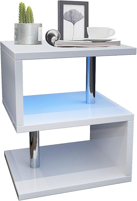YOLEO Coffee Table Side Table for Living Room Modern White High Gloss End Table with 2 Tier Storage Shelves and Blue LED Light