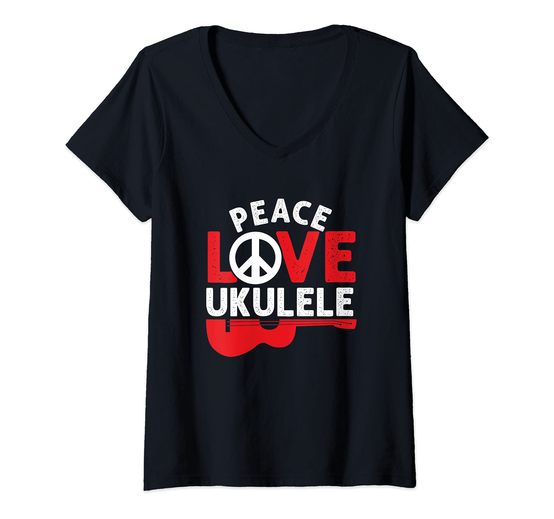 Womens Peace Love Ukulele Hawaiian Acoustic Hawaii Guitar Uke V-Neck T-Shirt, Black