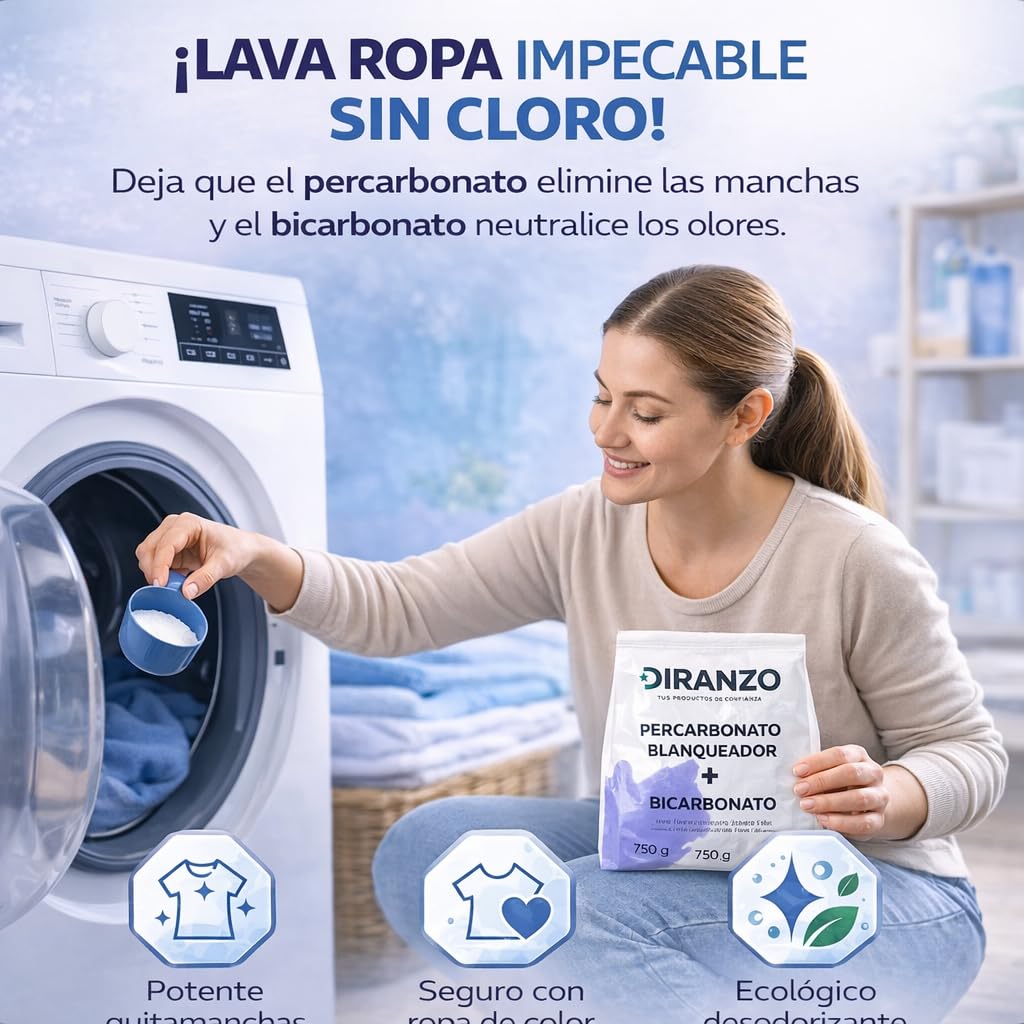 Percarbonato Blanqueador Diranzo Pack 6 unidades 750g x 6. Total 4,5 Kg, Quitamanchas, Blanqueante, Elimina Olores y Grasa. Apto Ropa blanca y Color. Elimina manchas difíciles