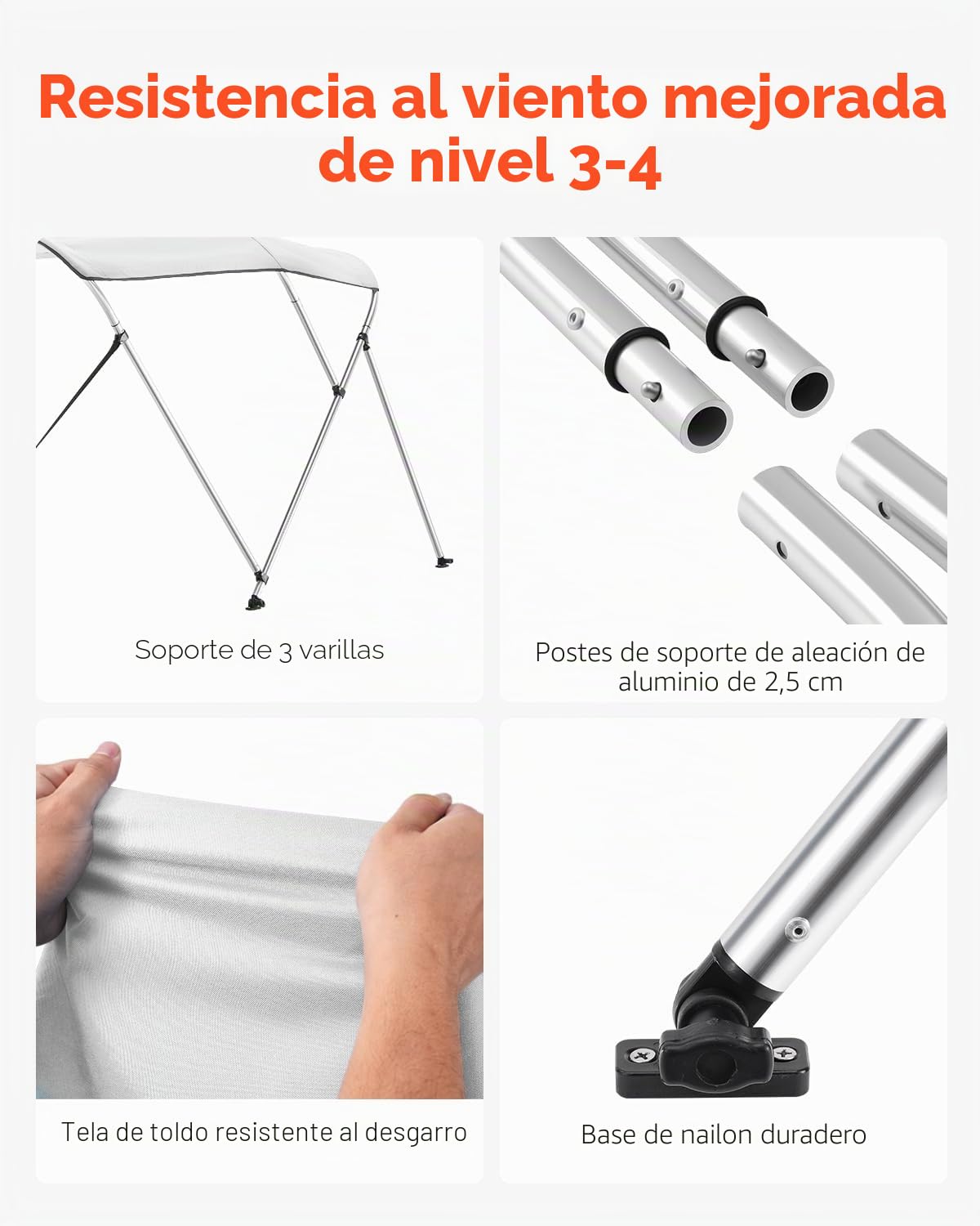 VEVOR Toldo Bimini para Barco de 3 Arcos, Poliéster 600D con Estructura de Aleación de Aluminio, Impermeable, Protección Solar, con Bolsa de Almacenamiento, 182 x 199-213 x 117 cm, Gris Claro