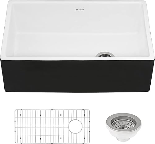 Ruvati RVL4018RBW - Fregadero de cocina de drenaje compensado de arcilla refractaria de 30 pulgadas en blanco y negro