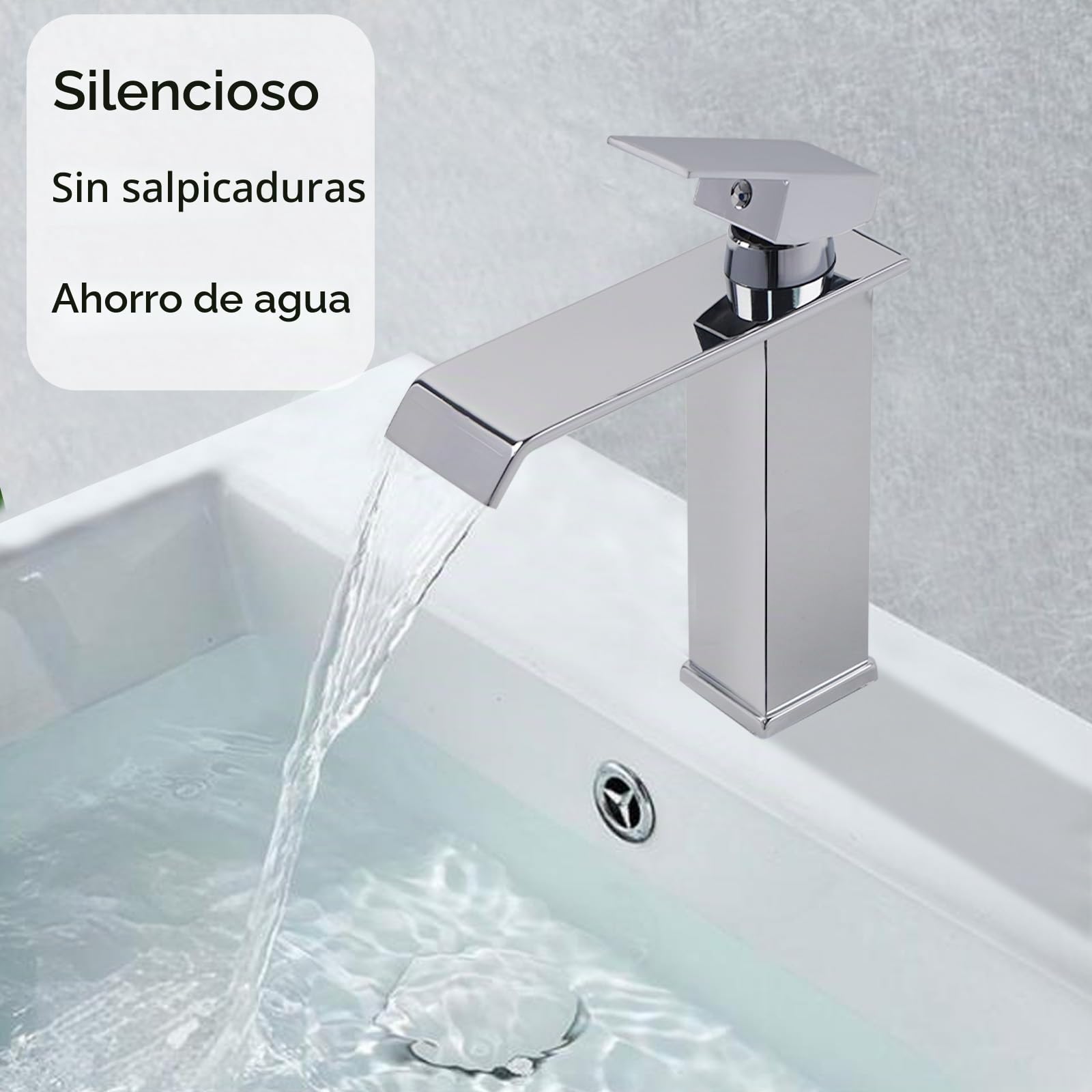 Grifo Lavabo de Cascada en Acero Inoxidable Plateado | Grifos para Lavabos con Cartuchos Cerámicos Grifo Lavabo Cascada Ahorro de Energía Grifos Monomando de Doble Mando Frío-Calor