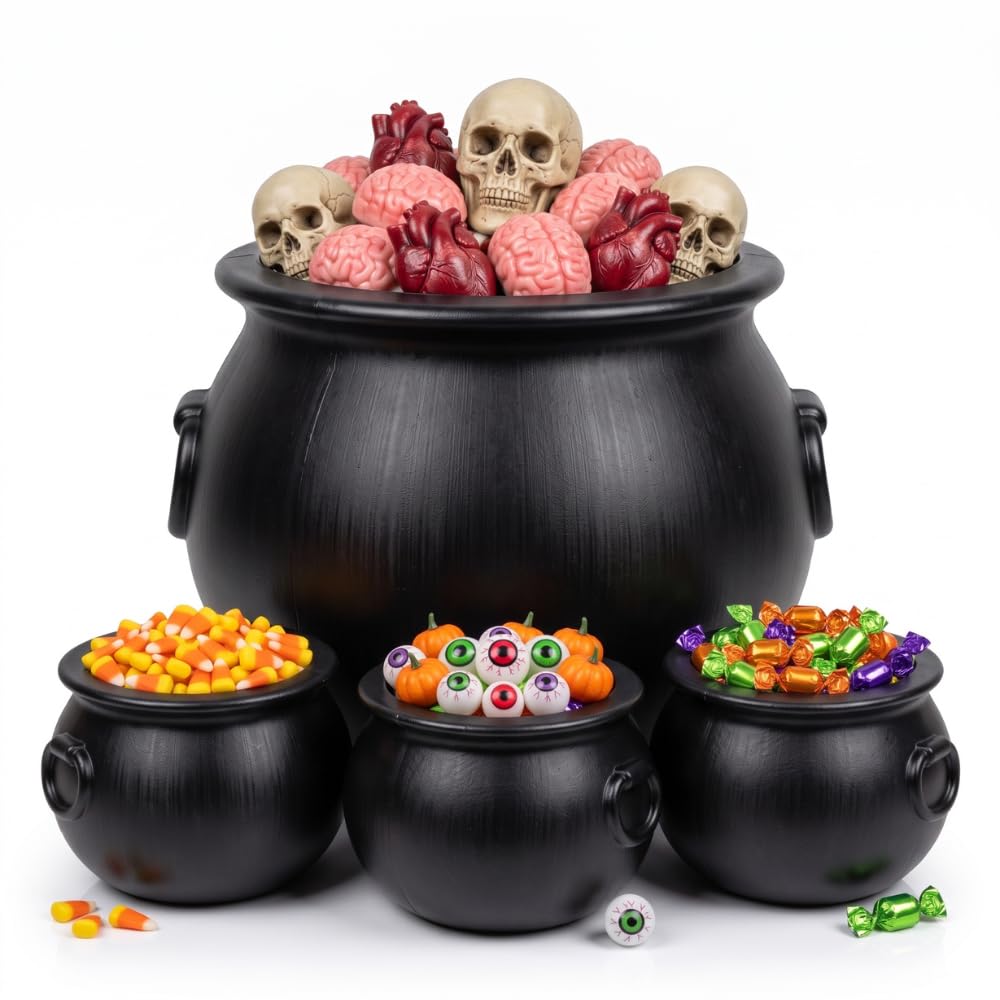 PMU 4 Pcs Large Halloween Cauldron - (1) 16",(3) 8" Big Witch Plastic Cauldron bowl Black, For Halloween Decor