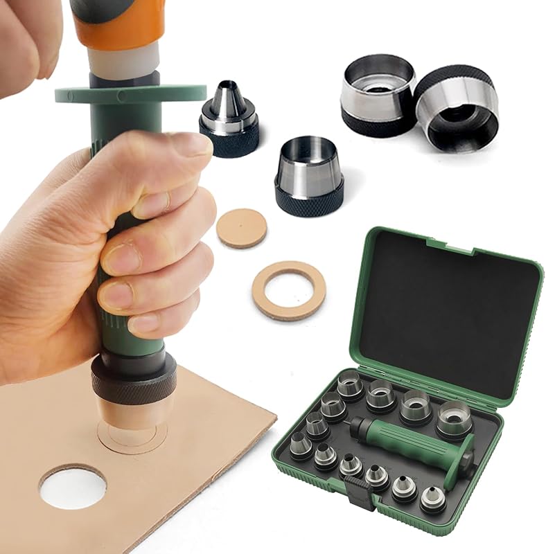 12 in 1 Hollow Hole Punch Set,Gasket Hollow Puncher,Leather Punch. | 12 Interchangeable round hollow punches are sharp, Leather hole punches,Gasket making,3/16” to 1-1/4” (5-32mm)