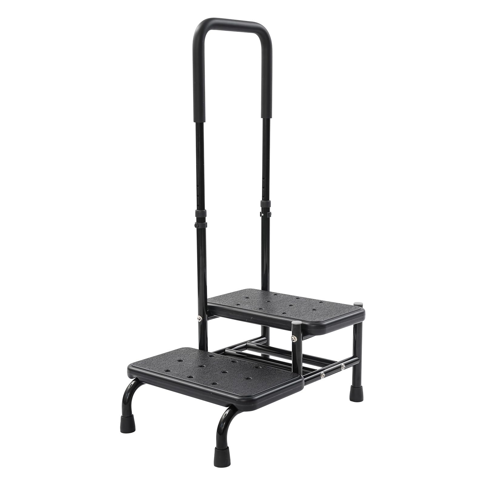 Sgabello con maniglia, 2 livelli, regolabile in altezza, nero | Sgabello a 2 gradini, con corrimano regolabile, portata fino a 135 kg, autoportante, per bagno, letto, cucina e casa