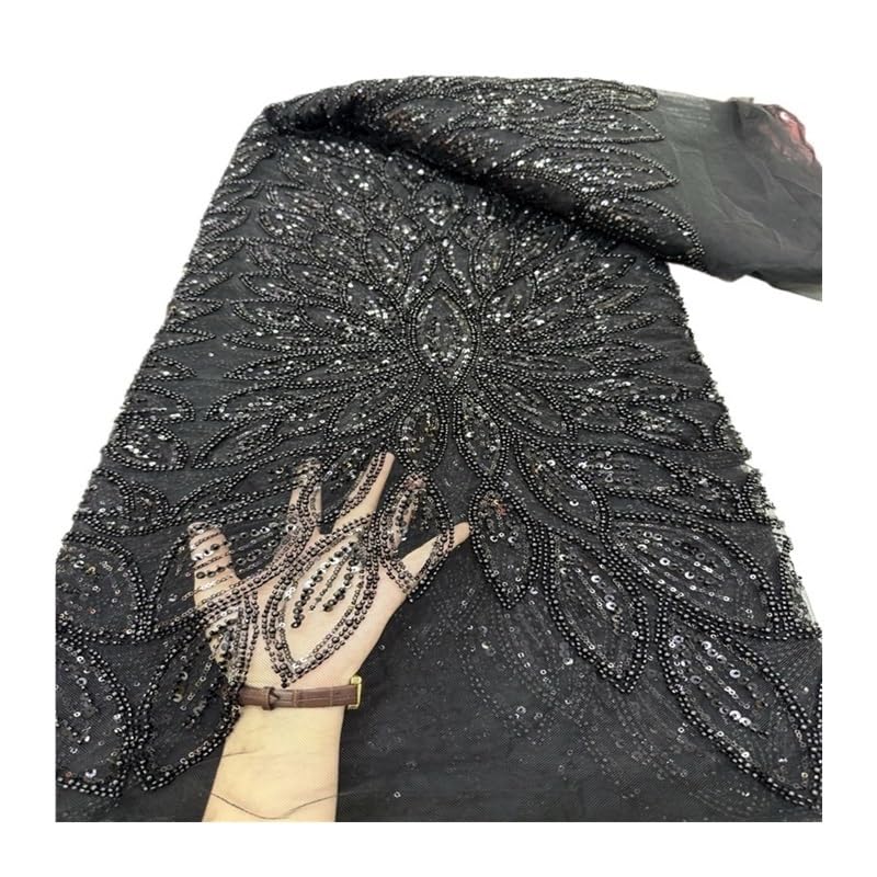 Tissu brodé de perles luxueux de 5 mètres avec paillettes noires pour haute couture et mariages