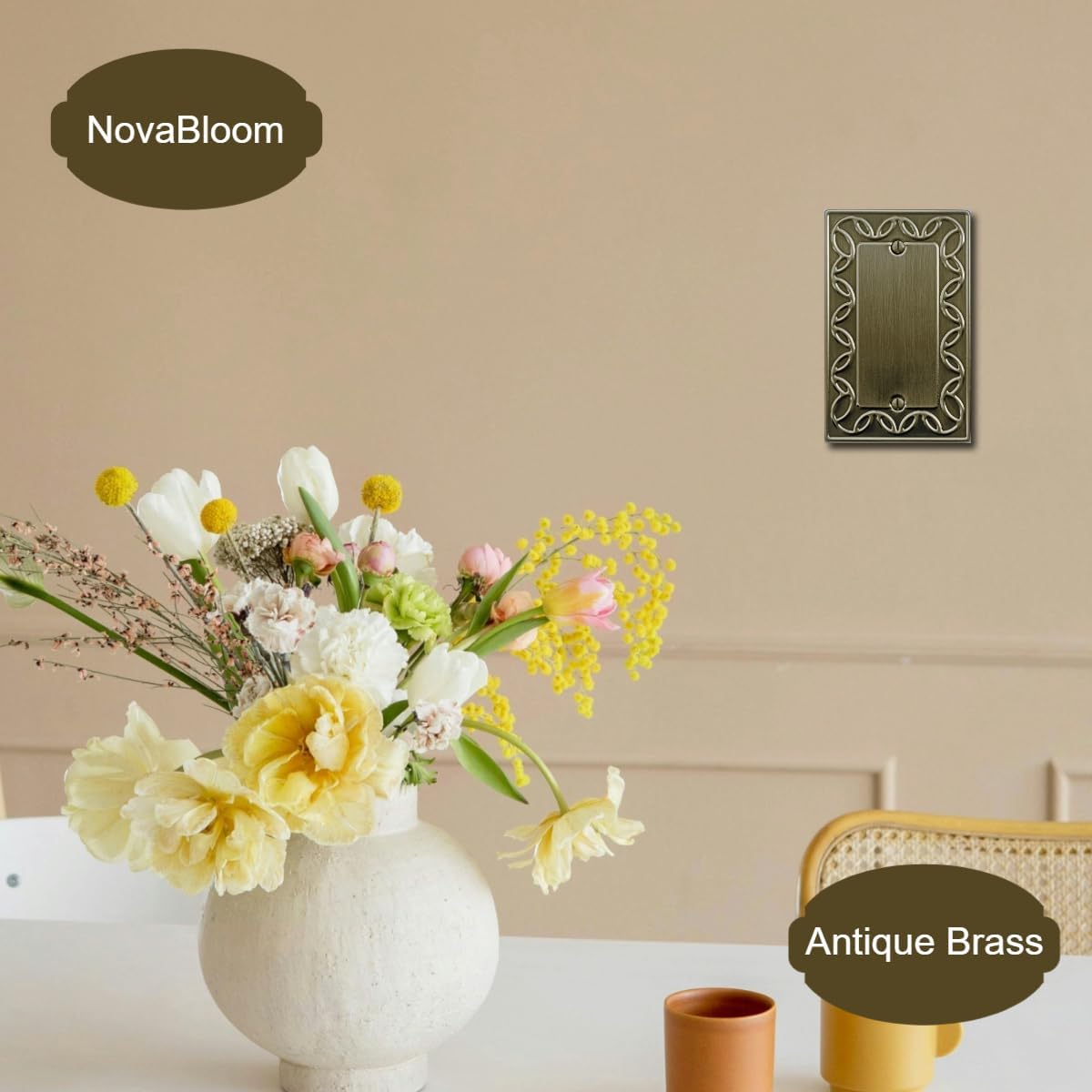 Single Blank Light Switch Cover NovaBloom Metal Wall Plate, 4-Pack Antique Brass 1 Gang, Light Switch Cover Outlet Cover Decorative Wallplate, Durable