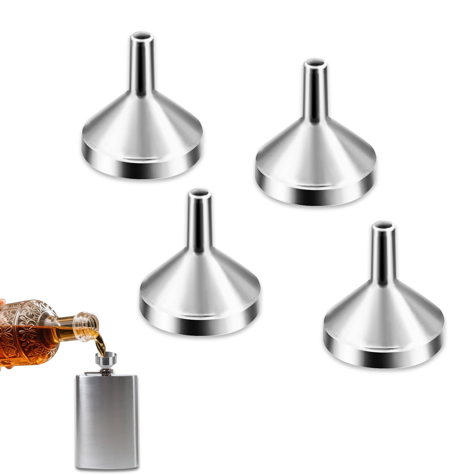 Lollanda 4Pcs Hip Flask Funnels Aluminum, Small Funnels Metal, Mini Funnel for Filling Bottles Containers, Filling Funnel for Perfume Essential Oils Kitchen Use (Silver, 4Pcs)