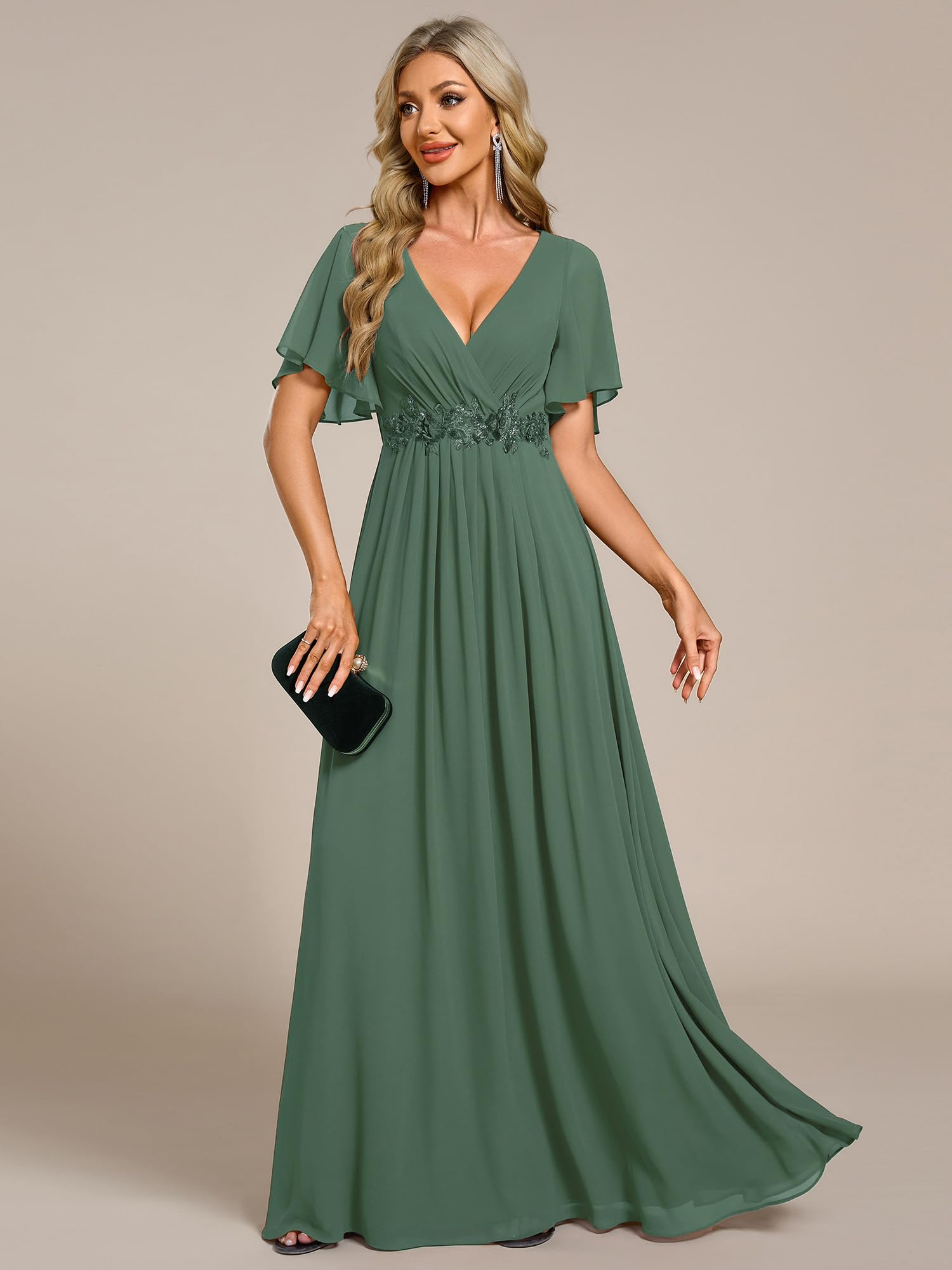 Ever-Pretty Robe de T Moin de Mariage Longue Appliqu Col V Manches Courtes Chic EE01960