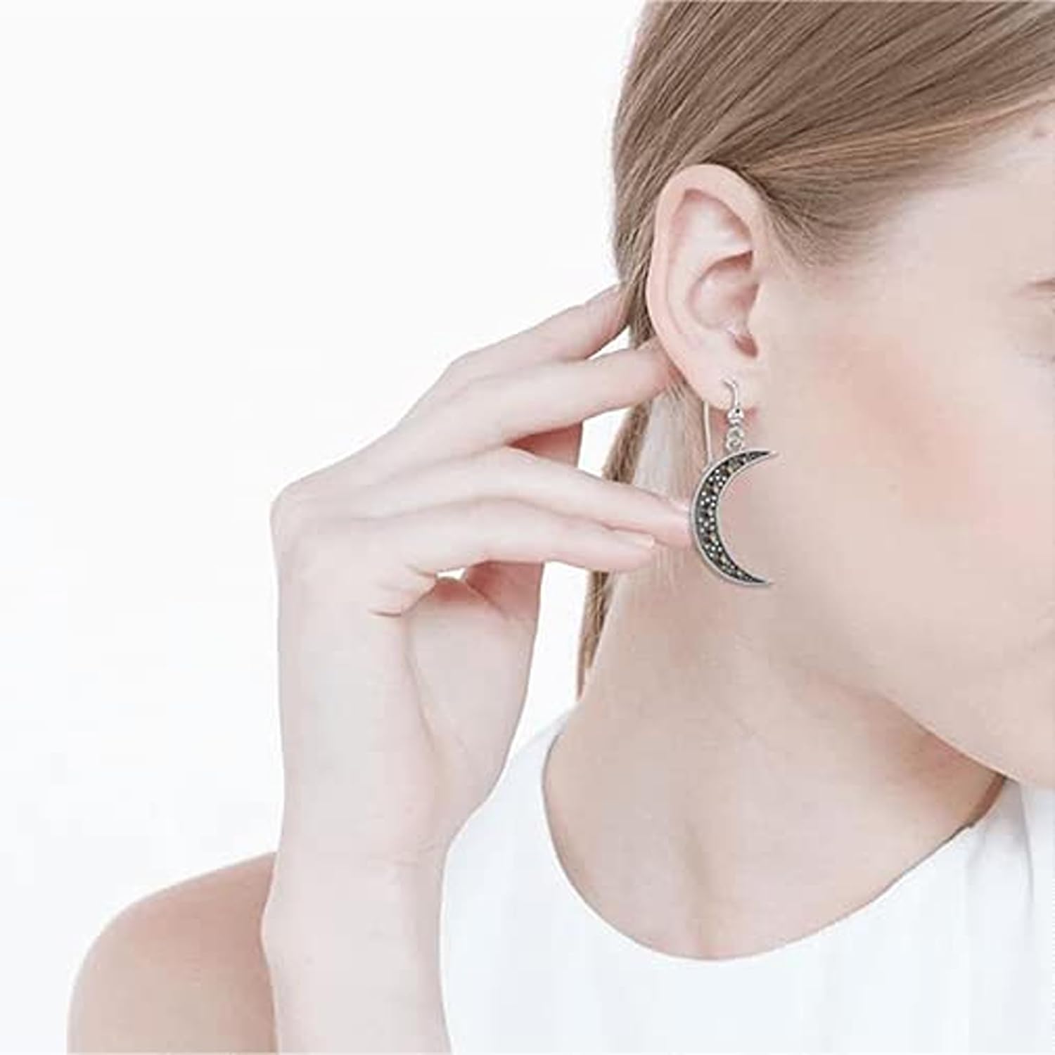 Sterling Silver Earrings Crescent Moon Design Marcasite Gemstone Branded Gift Box 1.18''