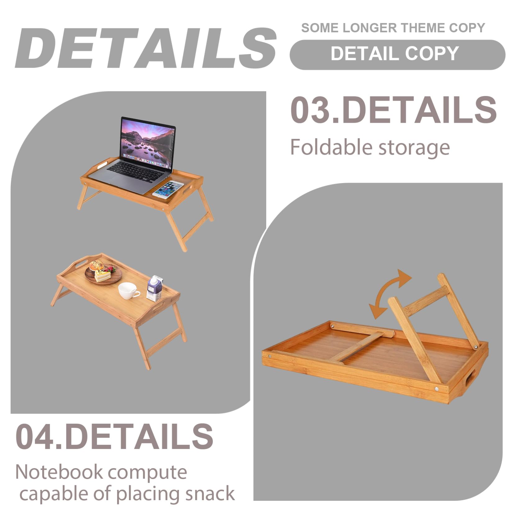 Plateau de lit portable réglable et pliable en bambou – 50 x 30 cm avec poignée pour ordinateur portable de petit déjeuner et service – Idéal pour la maison et les voyages