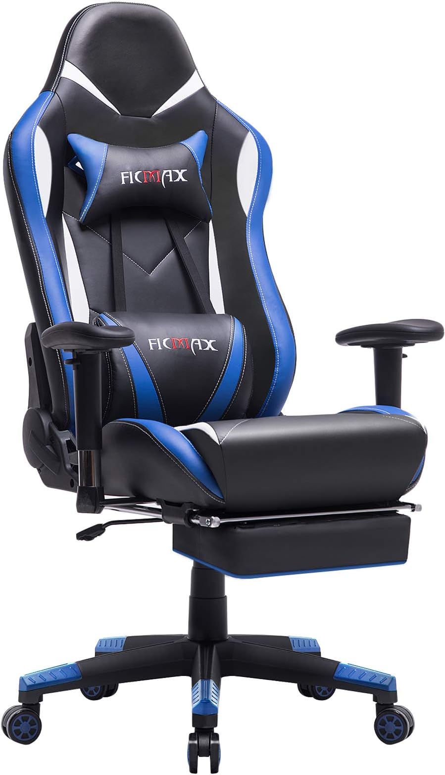 Ficmax Ergonomic Massage Gaming Chair Reclining Racing Office Chair High Back PU Leather Computer Desk Chair with Footrest Big and Tall E-Sports Chair with Headrest and Lumbar Support (Blue)