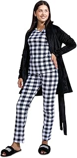 بيجامة شتوي قطيفة تيشيرت و بنطلون بتصميم مربعات و روب قصير سادة للنساء