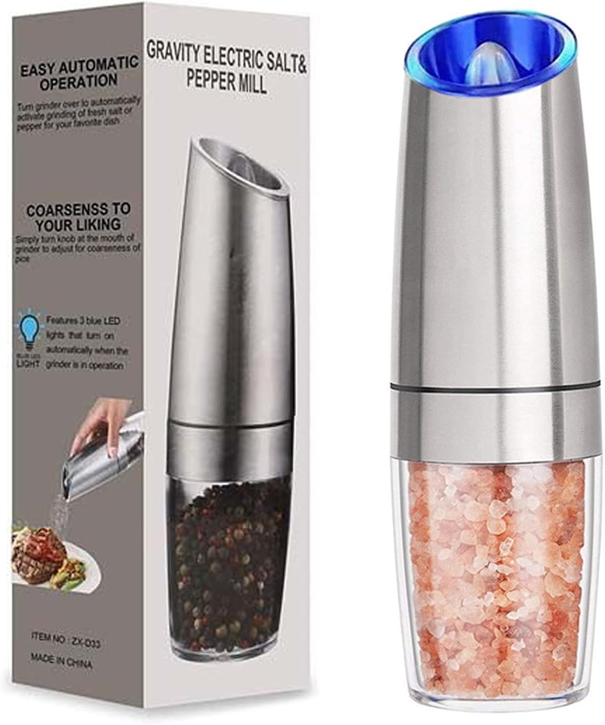 PDJW Pepper Grinder Silver, Gravity Pepper Grinder Mill Adjustable Coarseness, Electric Salt and Pepper Grinder Mill Automatic Pepper Shaker One Handed Use & Battery Operated