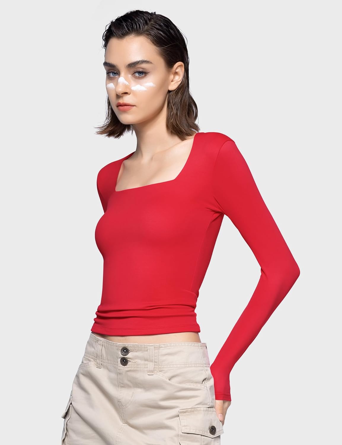 PUMIEY Women's Square Neck Long Sleeve T Shirts Slim Fit Tops Basic Tee Smoke Cloud Pro Collection - Image 3