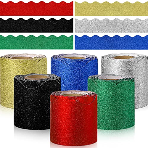 TaoBary 6 Rolls 196.8 ft Colorful Classroom Bulletin Board Borders Scalloped Trim Fall Bulletin Board Decorations for School Whiteboard Cork Poster Chalkboard Wall(Shiny Sparkle Color,196.8 ft)