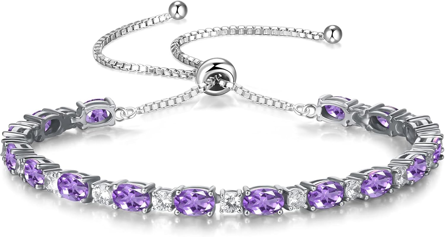 Birthstone Bracelet for Women Sterling Silver Plated Birthday Adjustable Bracelet Jewelry Gifts for Women