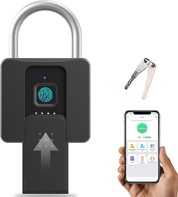 Anweller Fingerprint Padlock with Key, no Combination Padlock, Mobile Phone APP, Fingerprint and Key Unlock, Large Size Smart Padlock Outdoor Waterproof, for Gates, Warehouses,Lockers