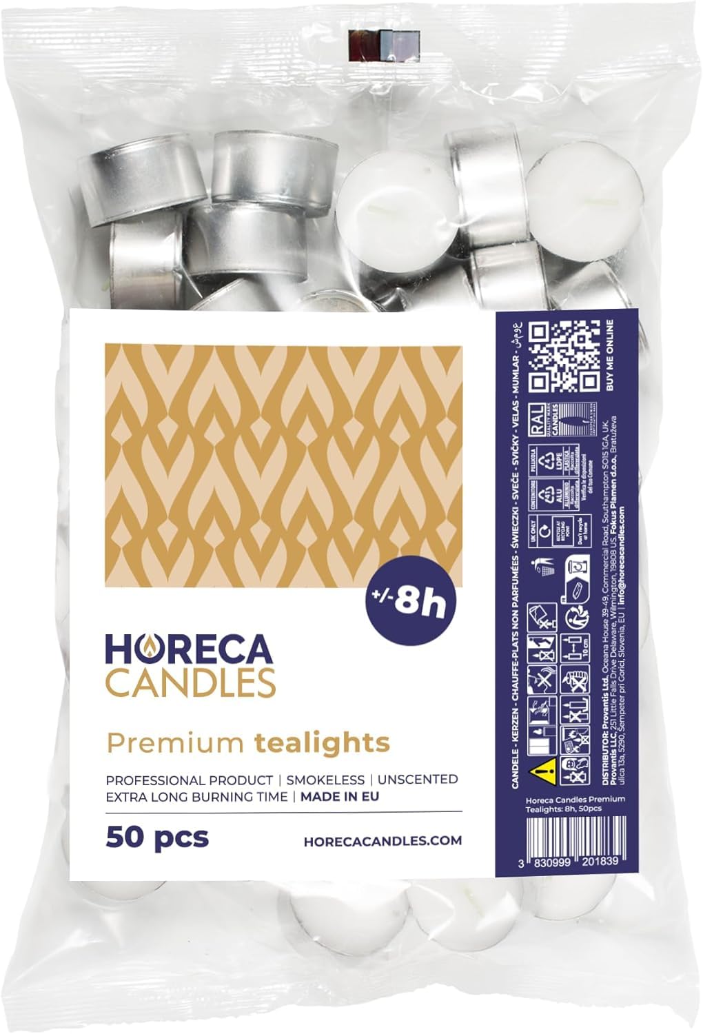 Horeca Candles White - 50 Premium Tealight Candles - Burning Time 8 Hours - Set Of 50 Tea Lights - Candles - Unscented