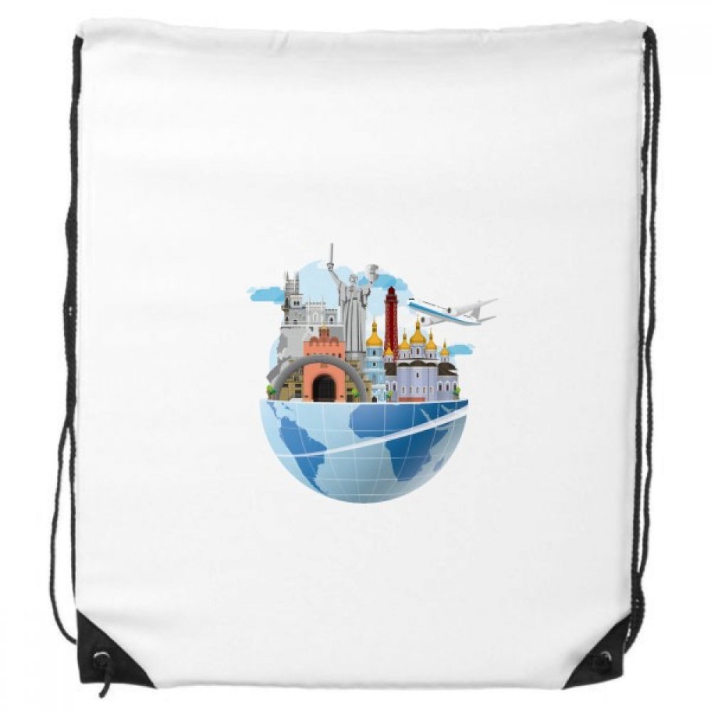 DIYthinkerLandmark Global Travel Journey Ukraine Plane Drawstring Backpack Fine Lines Shopping Creative Handbag Gift Shoulder Environmental Polyester Bag One Size Multi