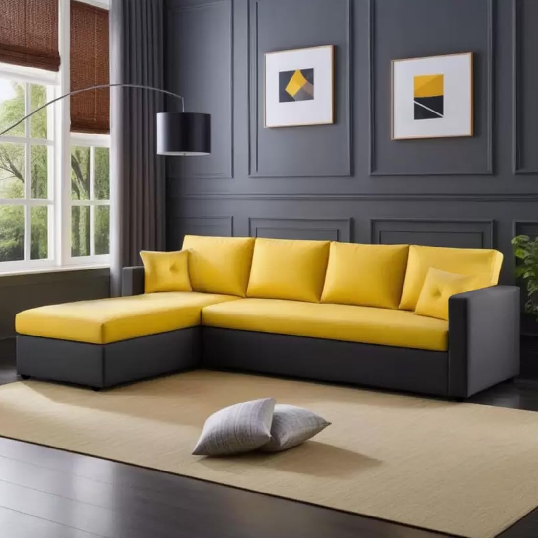 FURNY Arno 5 Seater Fabric LHS L Shape Sofa Set (Yellow-Dark Grey)-image-46