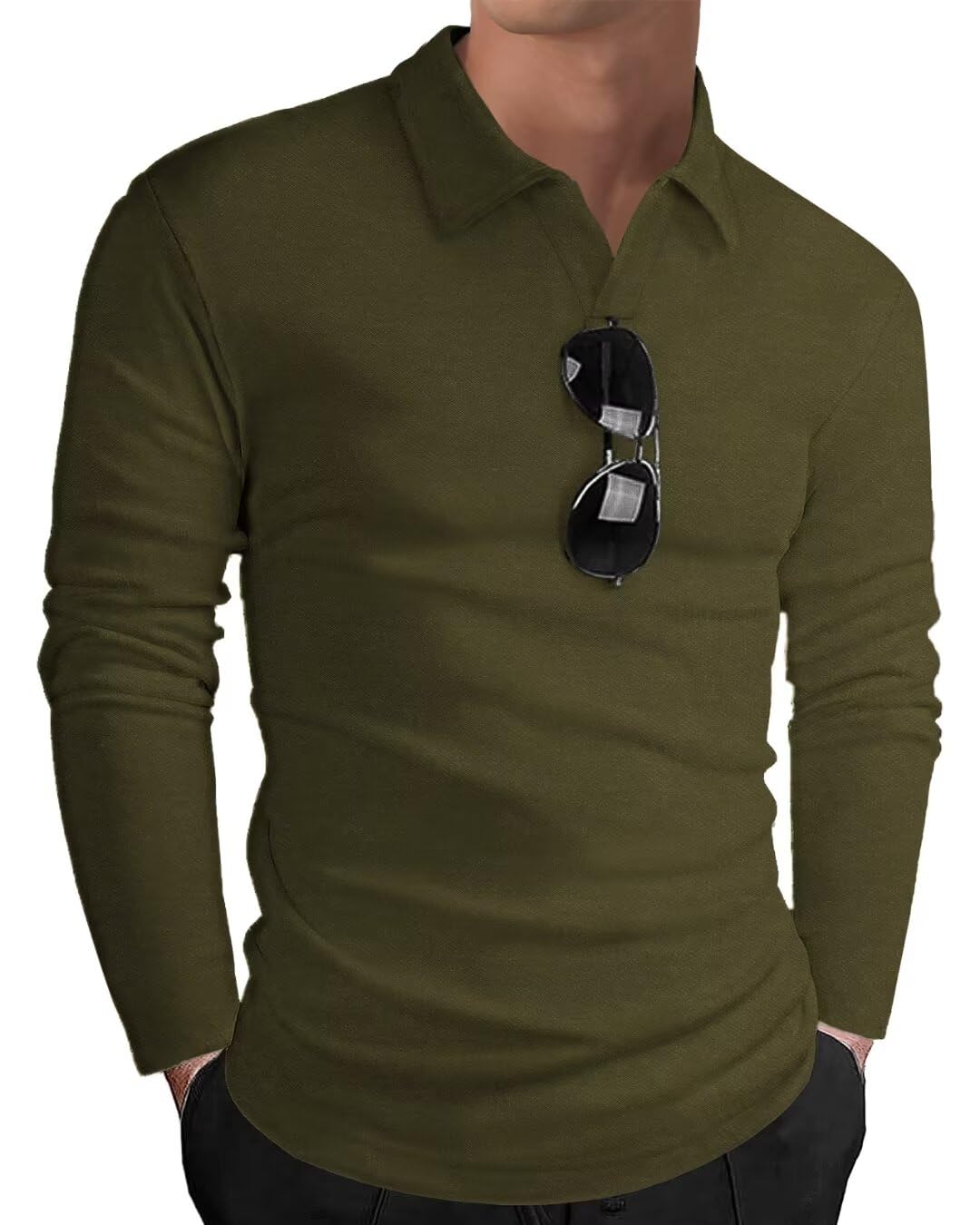 HMIYA Poloshirt Herren Langarm Baumwolle Langarmshirt Sweatshirt V-Ausschnitt Casual T-Shirts