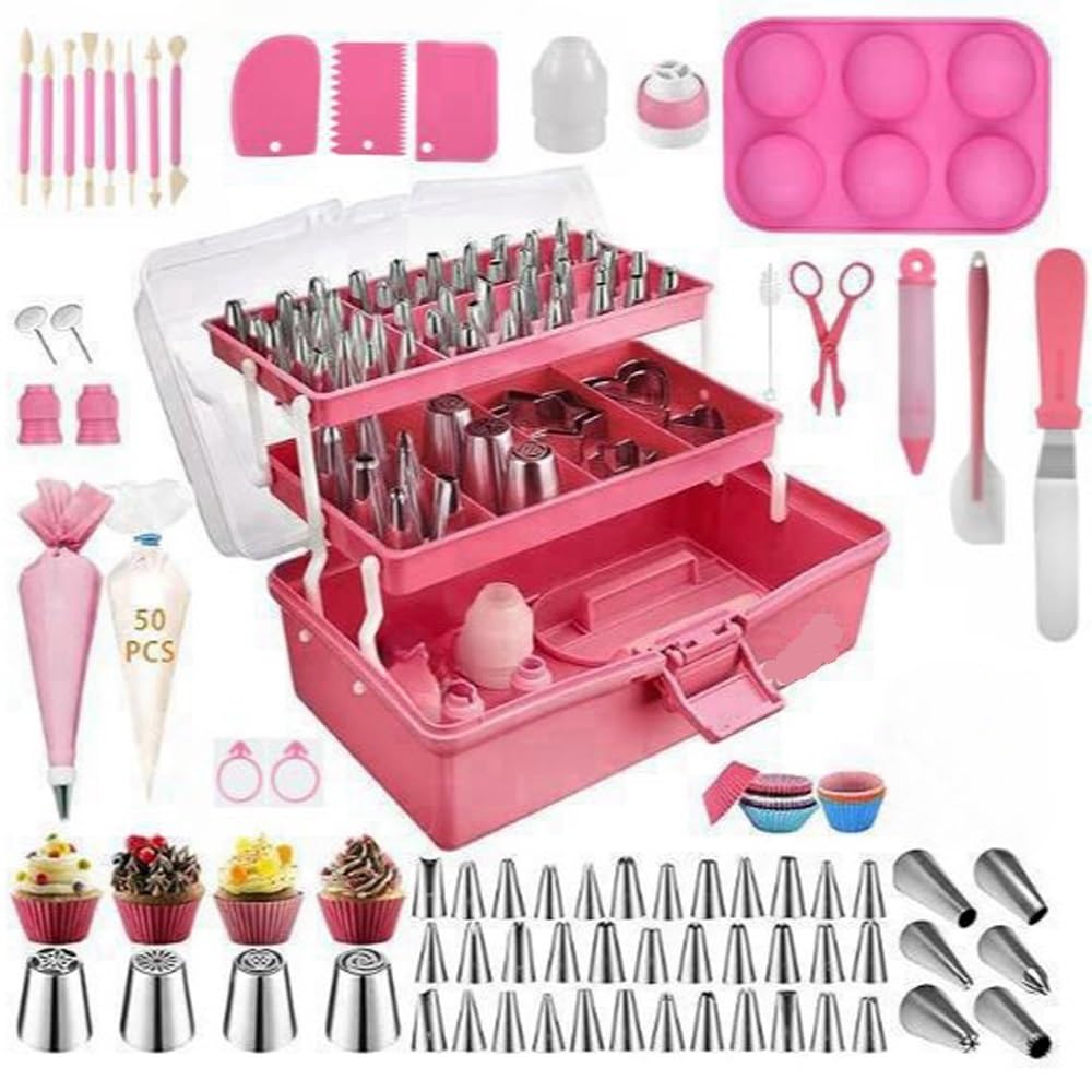 Backzubehör,Torten Zubehör 236-teiliges Kuchendekorations-Set mit Spritzbeuteln und Spitzen, Kuchendekorations-Formzubehör-Set mit Tipps for Kinder, Küchenhelfer(Pink)