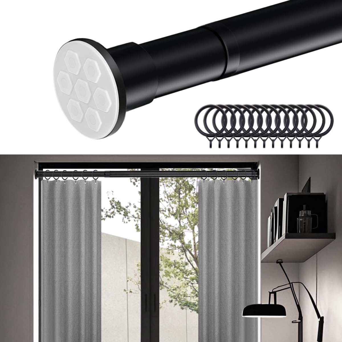 BAOYOUNI Extendable Clothes Wardrobe Rail Telescopic Tension Window Shower Curtain Rod No Drill Closet Hanging Pole Room Divider 43.3''-102.36'' for Bathroom, Bedroom, Balcony - Matte Black