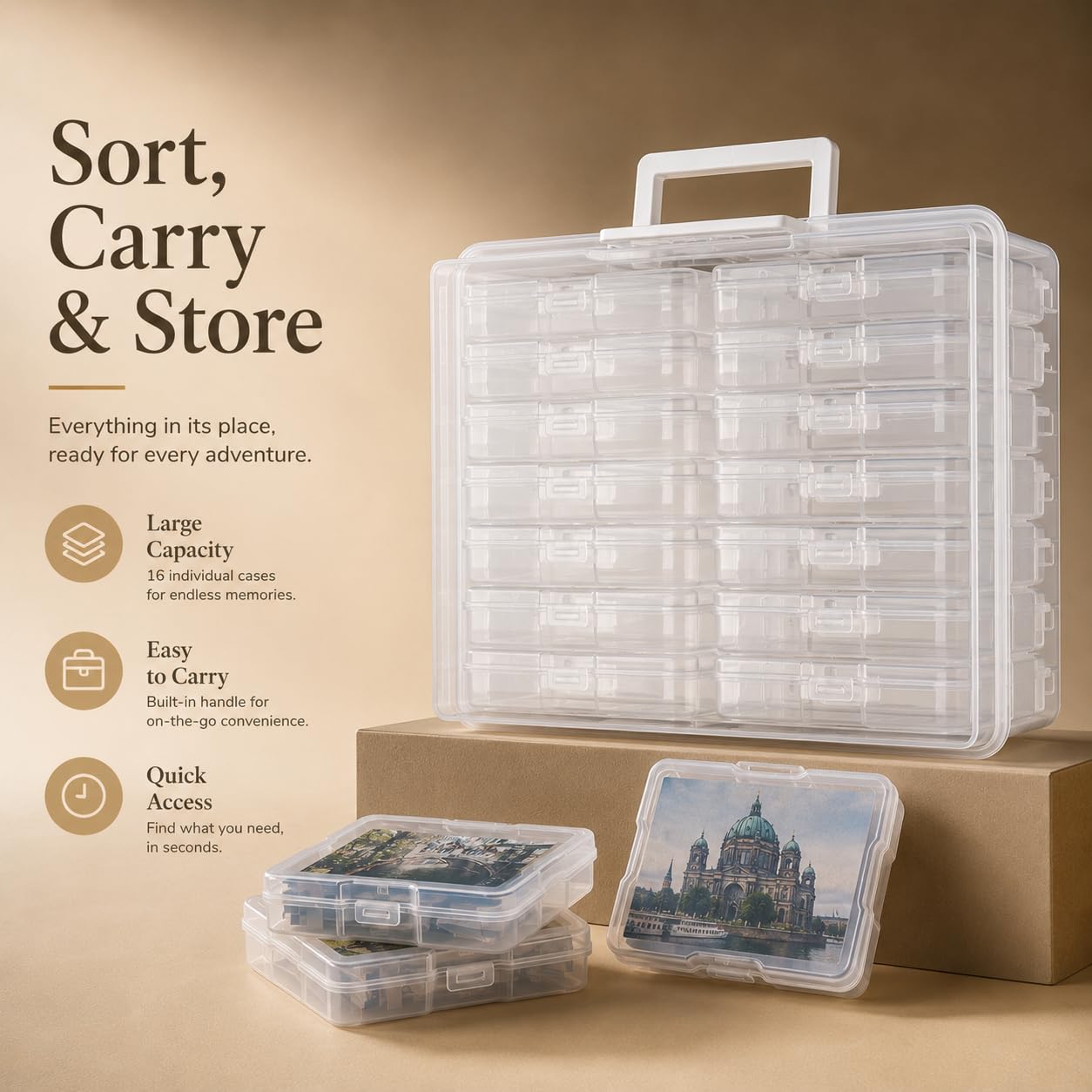ALINK Boîte de rangement pour photos - 10 x 15 cm - 16 supports photo intérieurs - Boîtes de rangement transparentes en plastique - Pour semences, cartes, artisanat, autocollants transparents