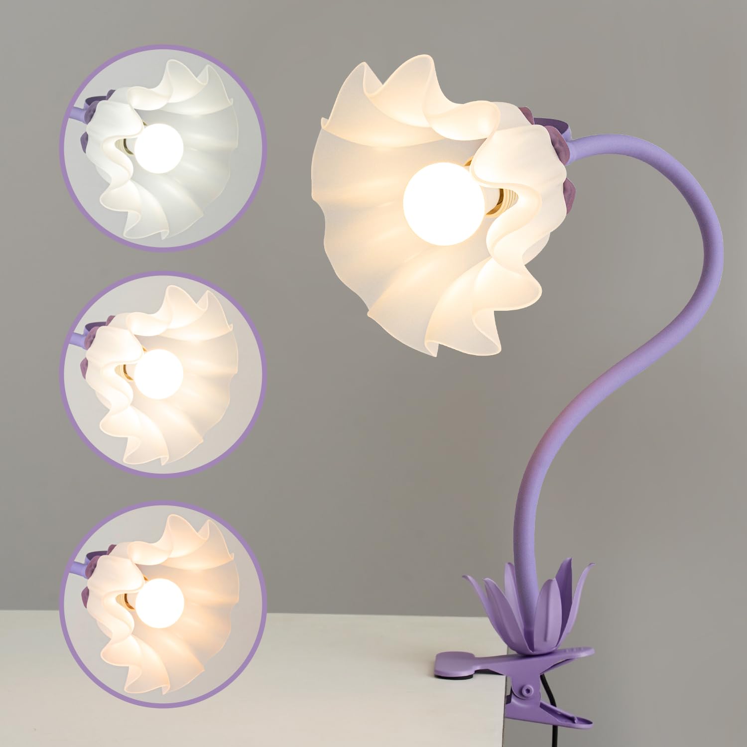 WERFOP Flower Desk Lamp with Clamp - School Dorm Supplies, 3 Color Modes Flower Eye-Caring Clip on Light, Flexible Neck Reading Lamps for Home College Studying Room Bedside (Purple)