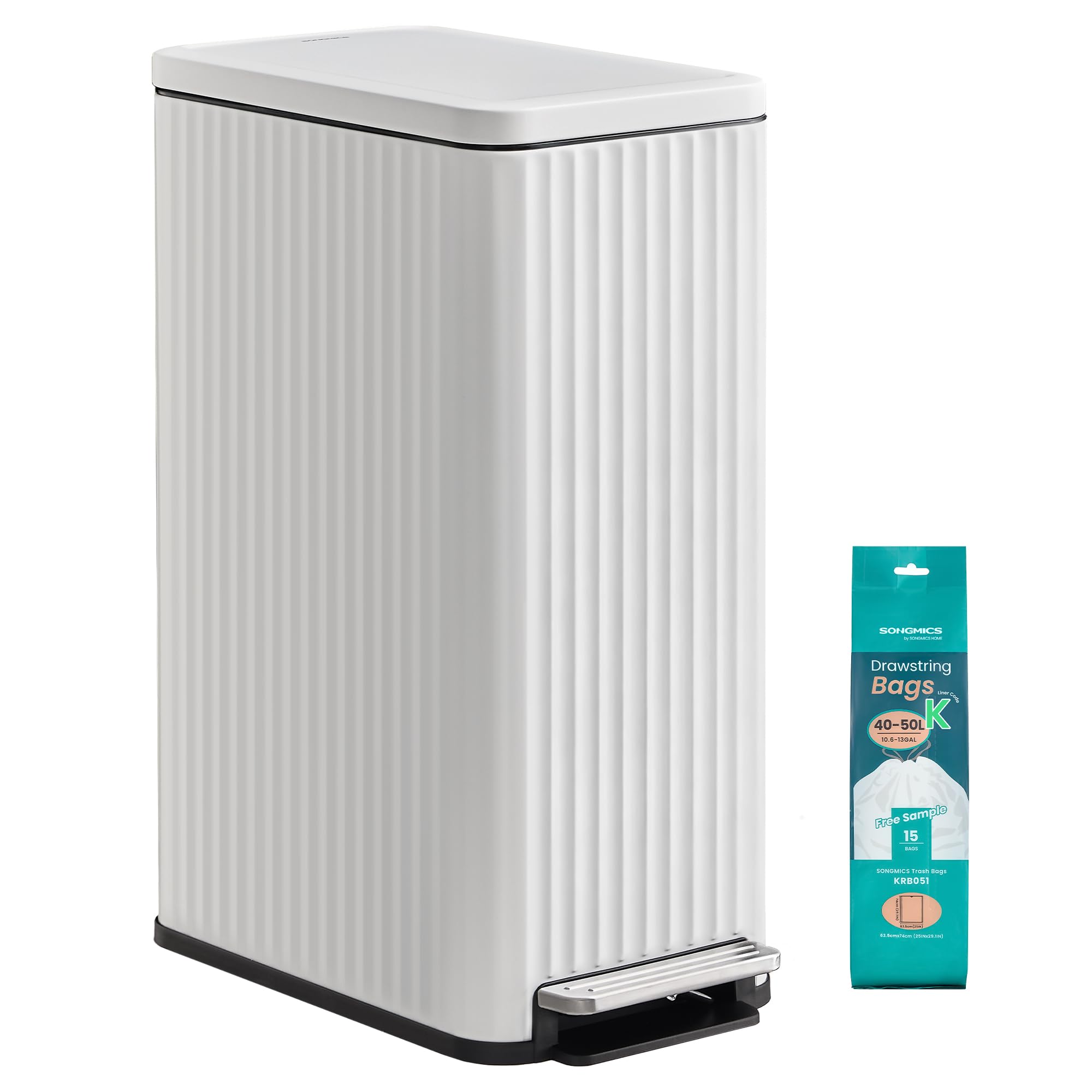 SONGMICS Kitchen Bin with Pedal, 13 Gallon (50 L) Slim Waste Bin with Soft-Close Lid, Removable Inner Bucket, Steel, 15 Rubbish Bags Included, Space-Saving, Cloud White LTB350WZ02