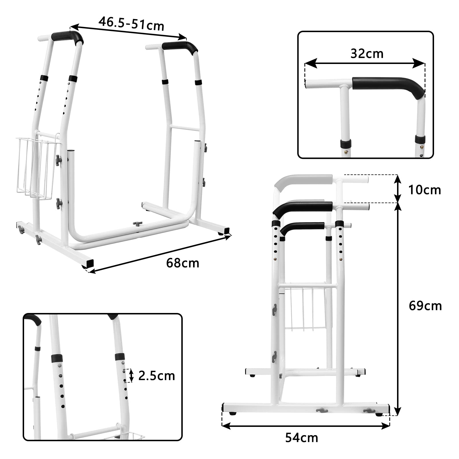 Supporto per WC mobile, regolabile in altezza, con cestino, antiscivolo, per anziani, incinte, disattivato, portata fino a 200 kg, bianco