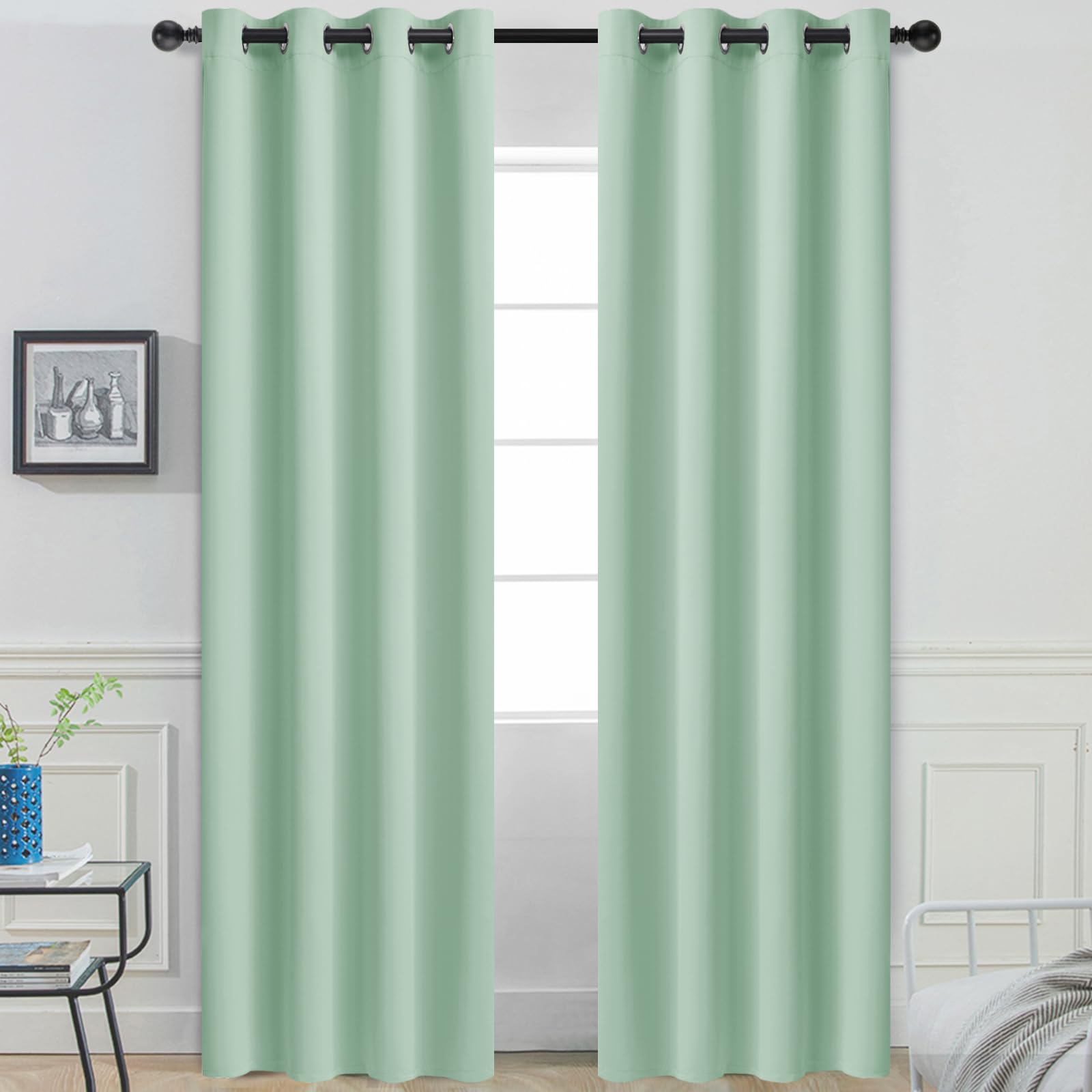 Yakamok Green Curtains 84 Inches Length Blackout Curtain for Bedroom-Light Sage Green Room Darkening Thermal Insulated Grommet Drapes Panels for Living Room, 52W x 84L, Light Sage, 2 Panels — image 1