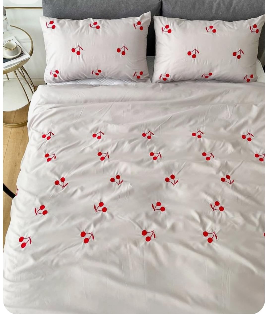 Cherry Pattern Embroidered Duvet Cover,rajai Cover Blanket Cover Set for Double Bed, White with Red Design-image-31
