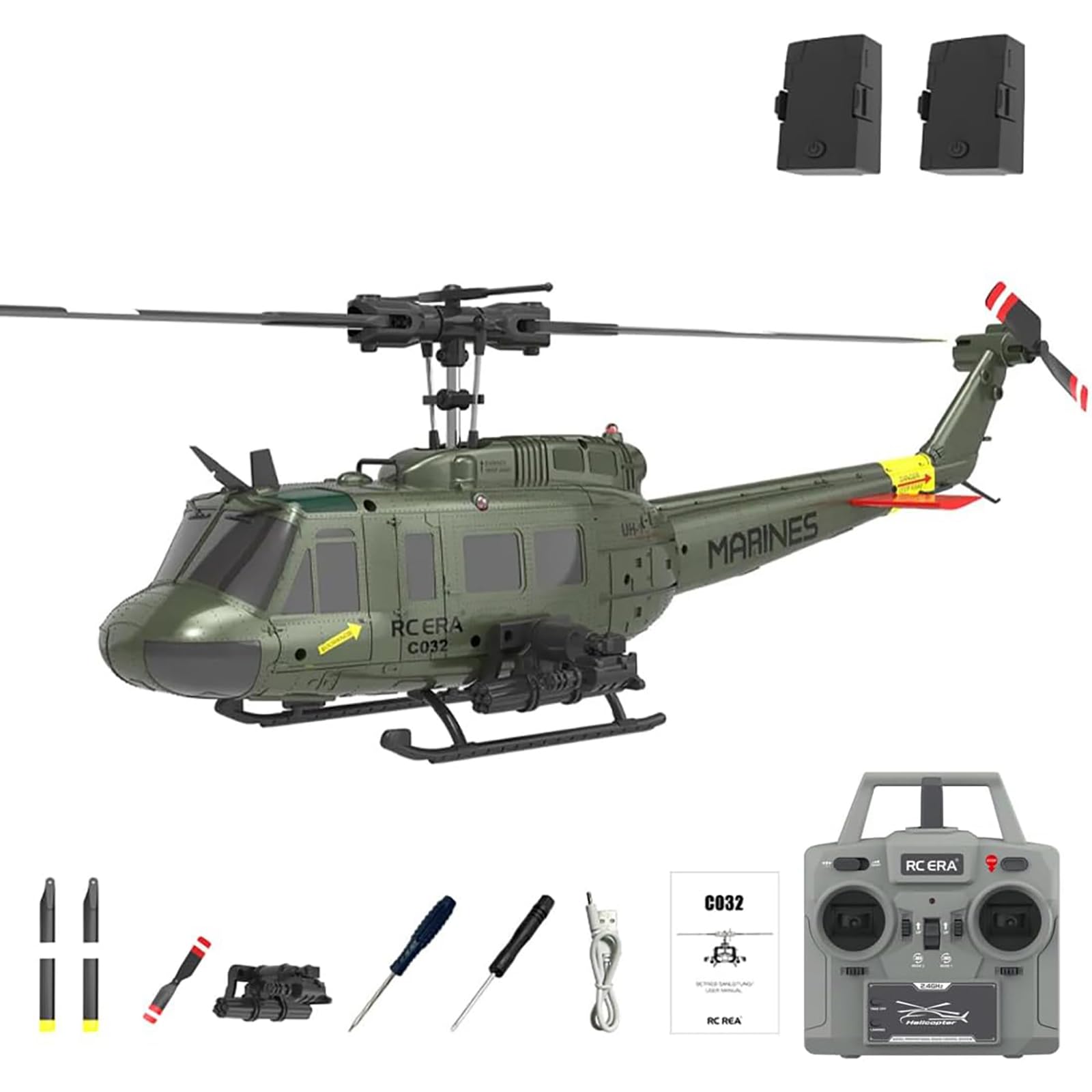 C032 Helikopter RC dla dorosłych, UH-1 6CH Wojskowy helikopter RC ze stabilizacją żyroskopową, prezent dla entuzjastów wojskowości,Green,2 Battery