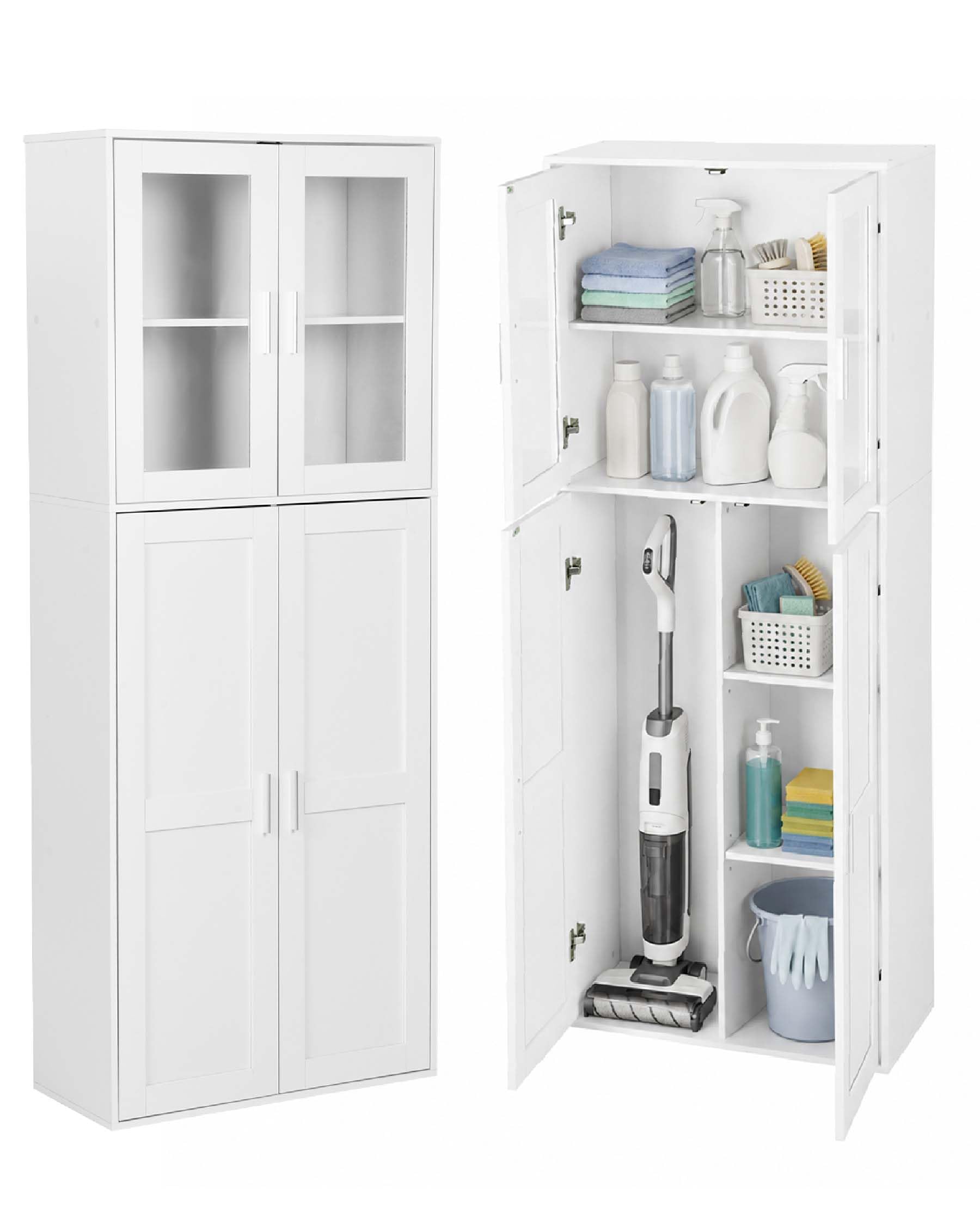Armario Escobero y Mueble Auxiliar con Puerta de Cristal, Armario Columna de Cocina para Aspiradora, Diseño Shaker Blanco, Despensa Alta para Lavadero y Entrada, 65x30x165cm
