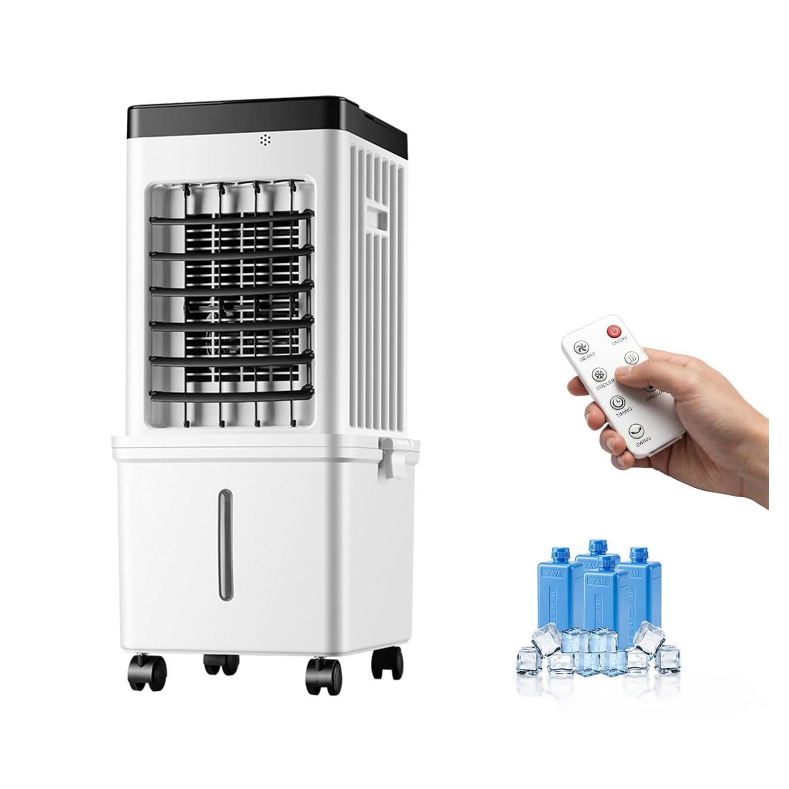 Ventilatore evaporativo Portatile da 75W con Oscillazione a 90°, 4 impacchi di Ghiaccio, Telecomando, 3 modalità e 3 velocità, Timer da 7.5 Ore e Ruote per casa,Ufficio