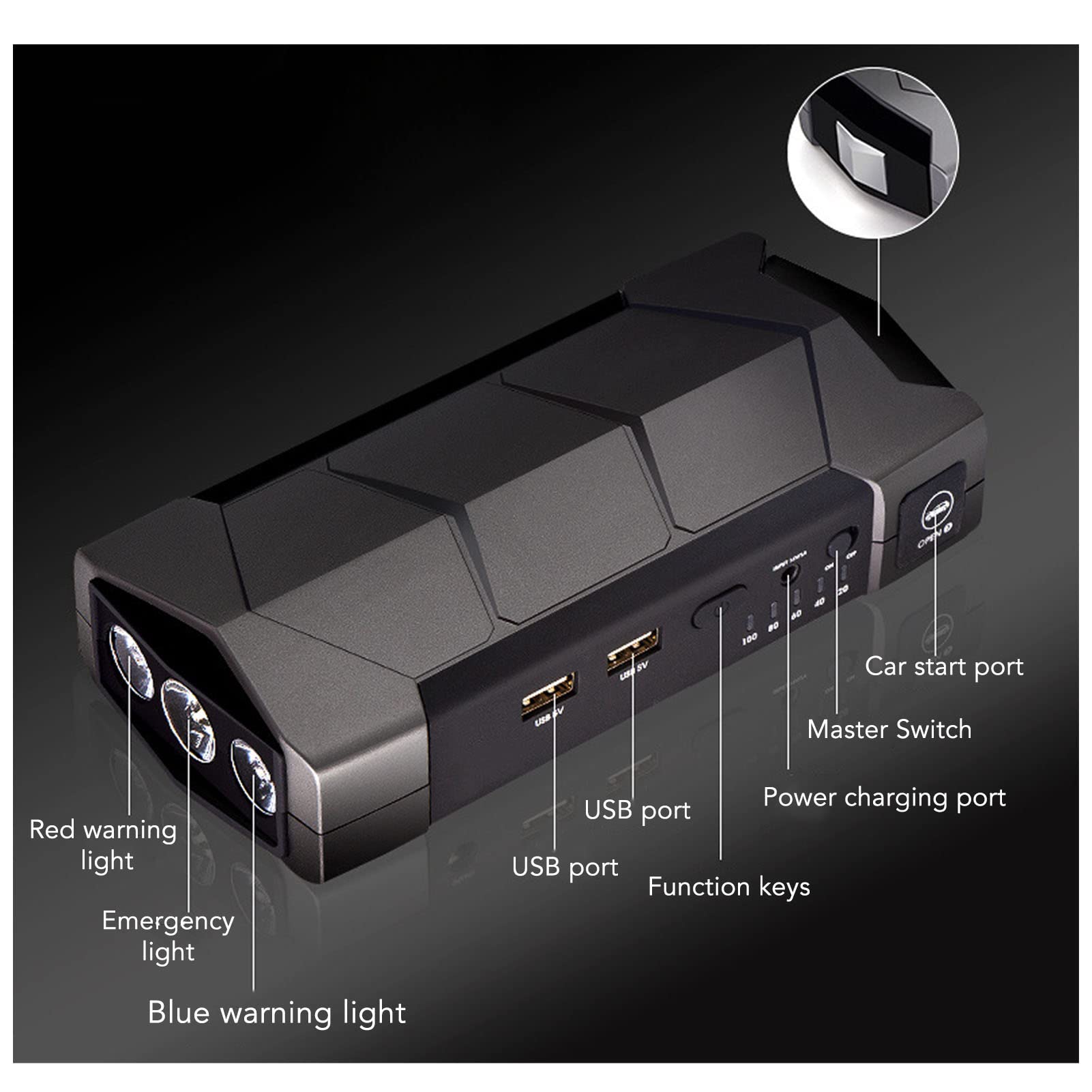 Démarreur de Saut 800A 10800mAh 12V, Alimentation de Secours Portable, Démarreur de Saut avec Banque d'alimentation de Secours à Lumière LED pour Moteur 7.2L Essence 5.5L